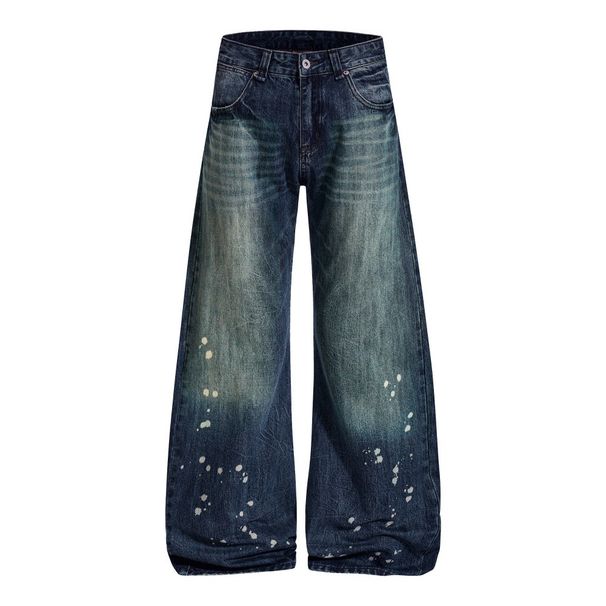 Paint Splatter Washed Denim Pants Men's High Street Trend Niche Casual Distressed Loose Wide-Leg Trousers_mkmklike.com