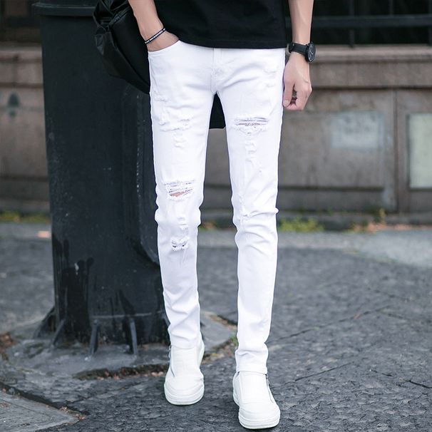 Title Men's Ripped Slim Fit Jeans - Distressed Black & White 9/10 Length Skinny Denim Pants (Streetwear Essential)_mkmklike.com