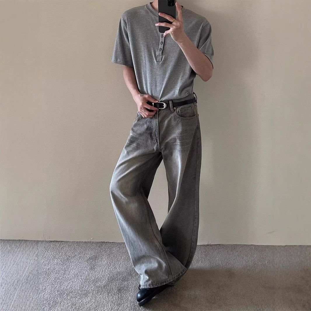 Vintage Washed Distressed Smoke Gray Cleanfit Jeans For Men & Women - High Street Loose Straight Leg Casual Pants_mkmklike.com
