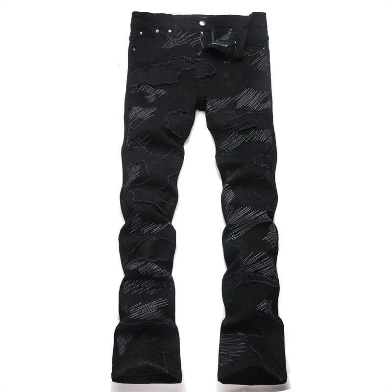 Men's Slim Fit Bootcut Denim Pants Black Flared Ripped Jeans with Embroidery High Street Fashion Casual Wear_mkmklike.com
