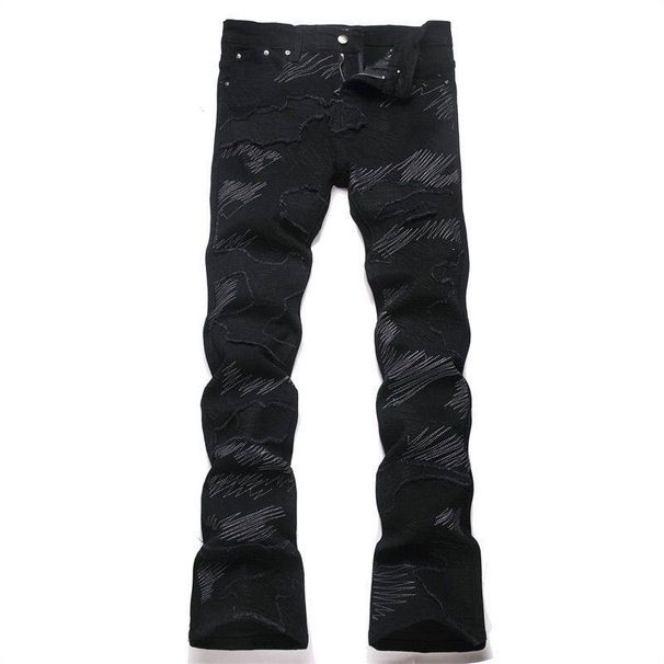 Men's Slim Fit Bootcut Denim Pants Black Flared Ripped Jeans with Embroidery High Street Fashion Casual Wear_mkmklike.com