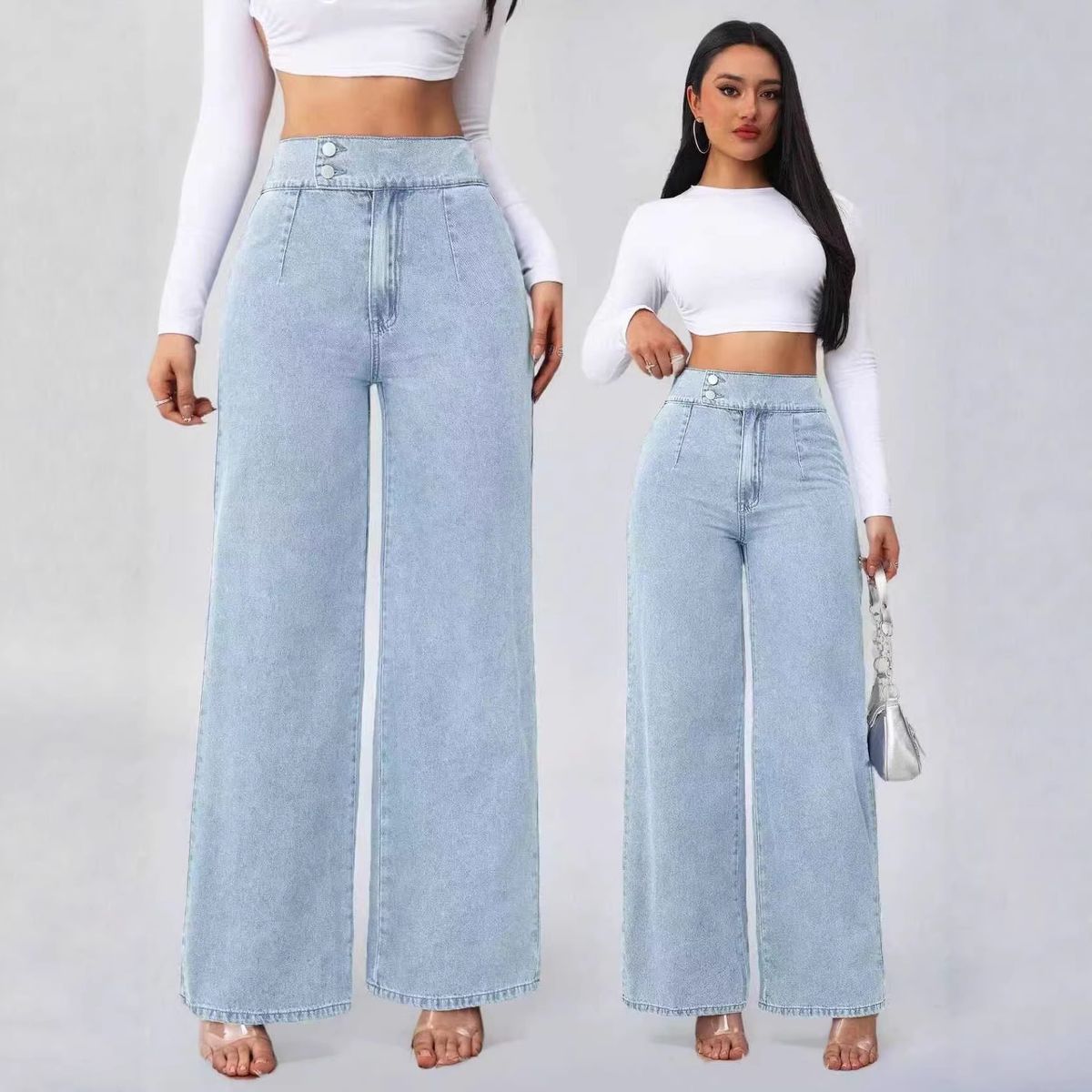 Women's High-Waisted Double Button Elastic Waist Wide Leg Jeans Light Blue Washed Casual Trousers_mkmklike.com