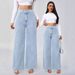 Women's High-Waisted Double Button Elastic Waist Wide Leg Jeans Light Blue Washed Casual Trousers_mkmklike.com