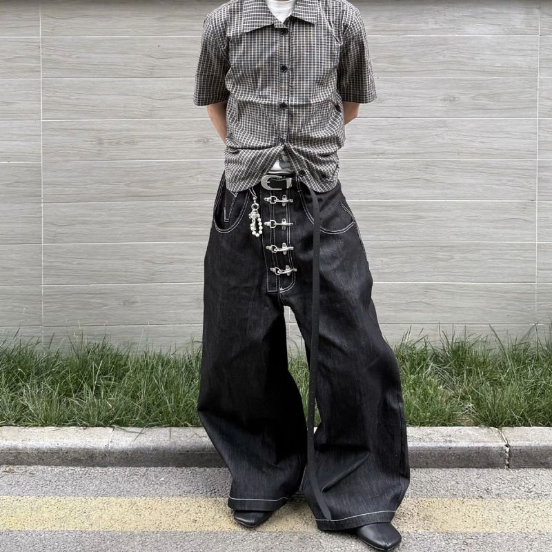 Men's Vintage Button-Fly Jeans – Relaxed Wide-Leg Denim Pants With Distressed Wash, Cleanfit Aesthetic For Streetwear & Retro Styling_mkmklike.com