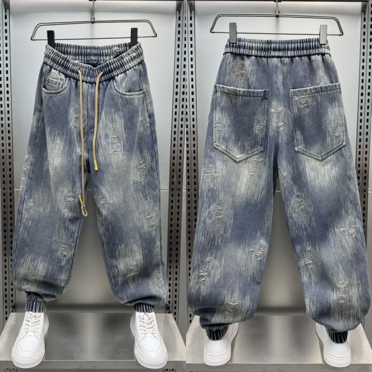 Men's Distressed Washed Slim Tapered Jeans With Ripped Details - Vintage Loose Fit Casual Pants For Spring & Autumn_mkmklike.com