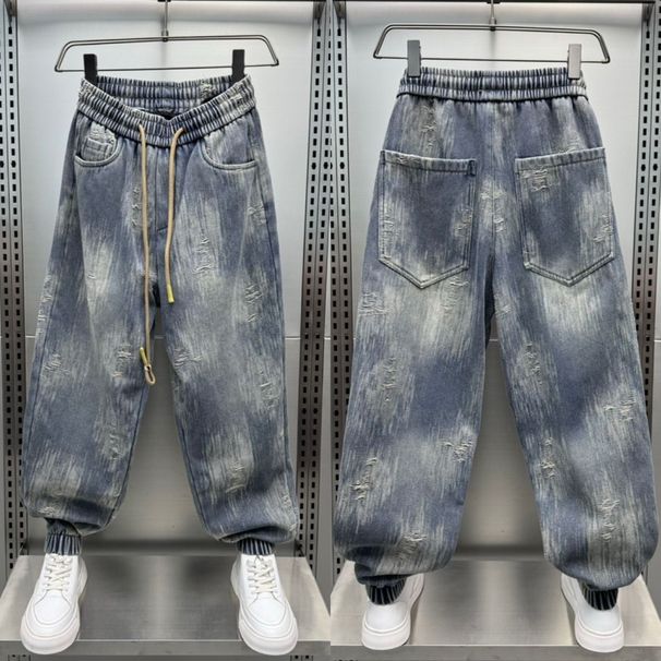 Men's Distressed Washed Slim Tapered Jeans With Ripped Details - Vintage Loose Fit Casual Pants For Spring & Autumn_mkmklike.com