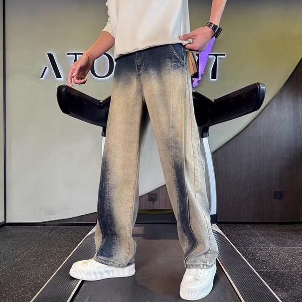 Men's Straight Leg Jeans Trendy Brand Heavyweight Casual Pants High End Washed And Distressed_mkmklike.com