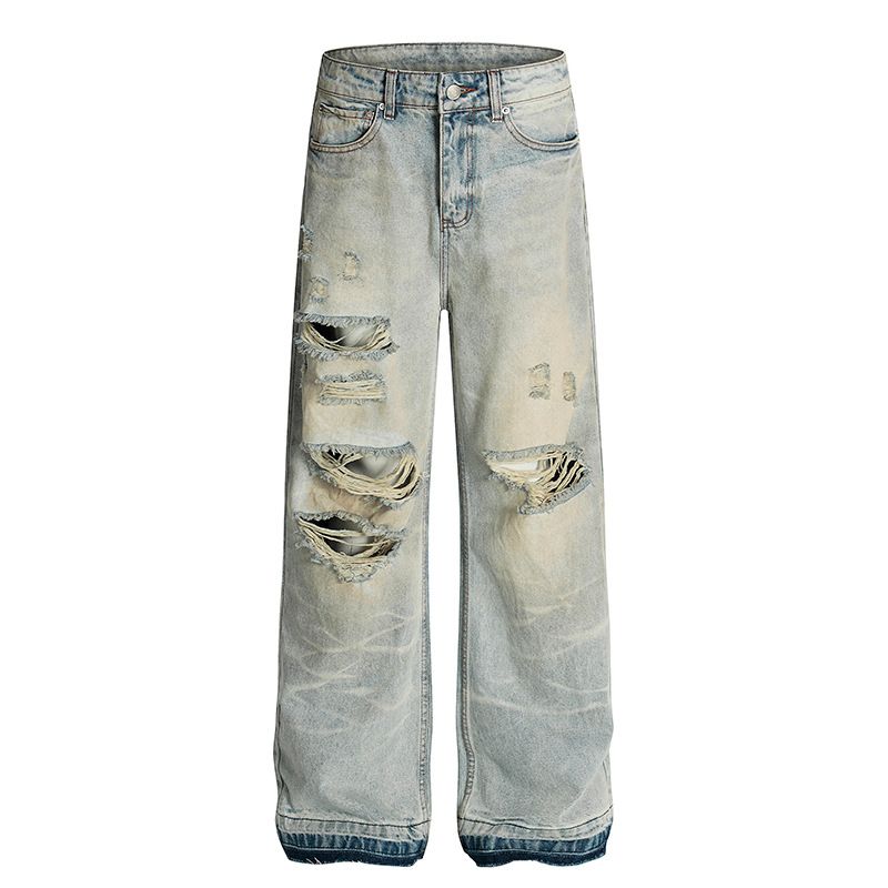 Men's Distressed Washed Flared Jeans High Street Style Straight Leg Trousers New Autumn Collection For Men And Women_mkmklike.com