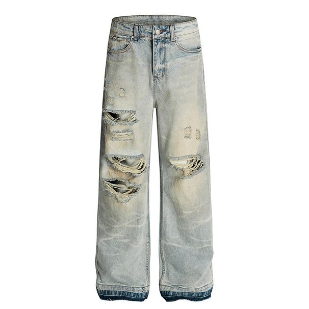 Men's Distressed Washed Flared Jeans High Street Style Straight Leg Trousers New Autumn Collection For Men And Women_mkmklike.com