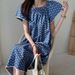 ELLE Korean Retro Loose Fit Denim Print Puff Sleeve Dress Long Thin Style_mkmklike.com