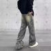 Men's Clothing Washed Yellow Mud Dyed Wide Leg Floor Length Jeans For Women, Loose Fitting, Retro, Distressed, Straight Leg._mkmklike.com