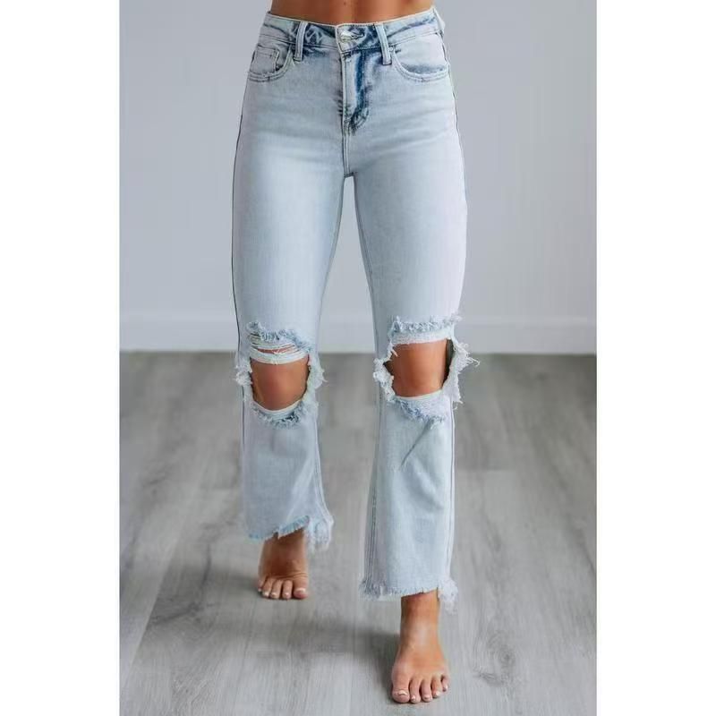 Women's Skinny Cropped Jeans Ripped Spring New Style Fashion High Waist Straight Leg Jeans_mkmklike.com