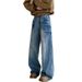Vintage Blue Washed Curved Blade Jeans Unisex American High Street Loose Straight Leg Wide Pants_mkmklike.com