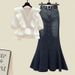 Women's Clothing Temperament Slim Ruffled Short Sleeved Denim Skirt Two Piece Suit_mkmklike.com