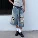 Men's Clothing Retro Hole Wide Leg Jeans For Men And Women Summer Washed Distressed High Waist Loose Straight Leg Seven Point Jeans_mkmklike.com