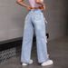 Snow-Washed High-Waisted Wide-Leg Jeans – Distressed Denim With Bow Accent (Light Blue)_mkmklike.com