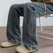 Retro American Drawstring Men's Jeans Loose Fit Trendy Fashionable Slightly Flared Wide Leg Pants Midweight Cotton Black Blue_mkmklike.com