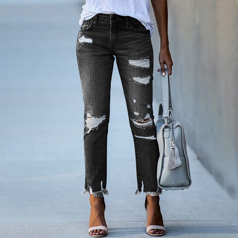Women's Clothing Washed Worn Out Tassel Jeans Fit High Elastic Feet Denims Pants_mkmklike.com