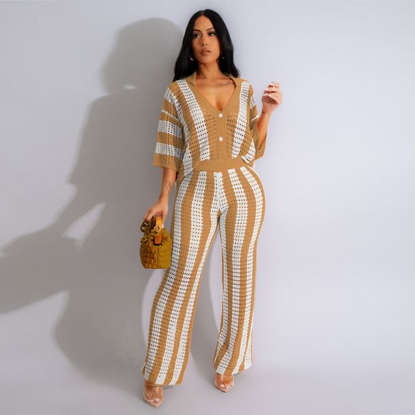 Women's Clothing sexy ladies V-neck hollow striped lapel knitted wide pants suit_mkmklike.com