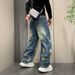 Men's Retro Hand Painted Straight Leg Jeans Washed Denim Spring Summer Trendy Casual Wide Leg Pants Loose Fitting_mkmklike.com