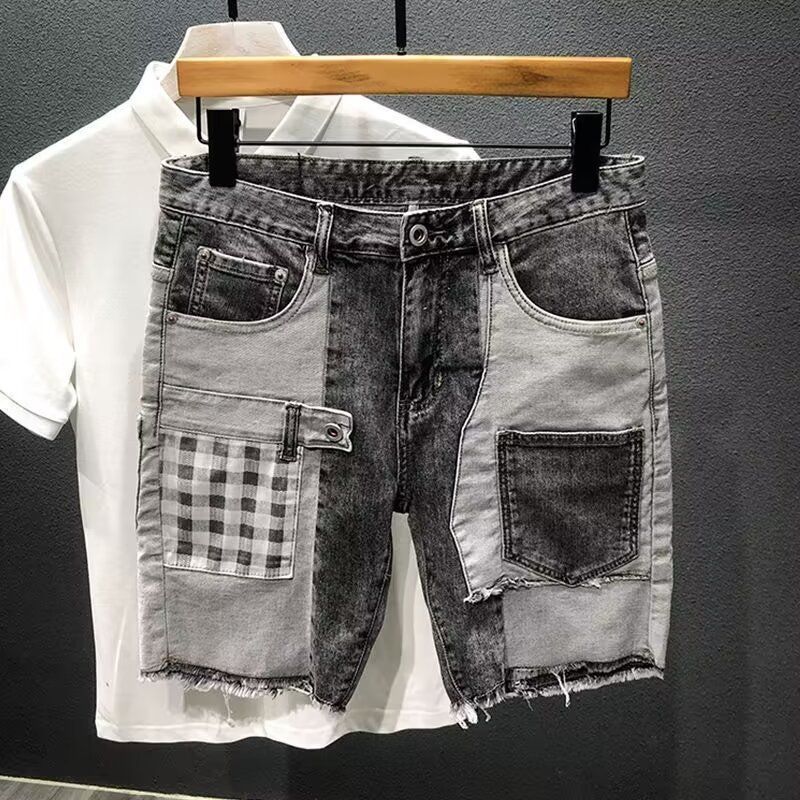Men's Clothing Personalized Multi Pocket Stitching Contrast Color Versatile Denim Shorts Trendy Casual Shorts_mkmklike.com