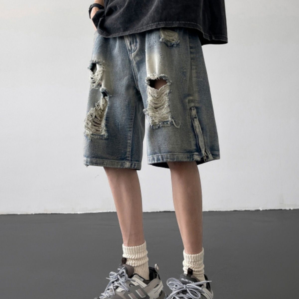 Men's Clothing Ripped Denim Shorts Men's Summer Thin American High Street Zipper Slit Loose Straight Casual Five Point Pants_mkmklike.com