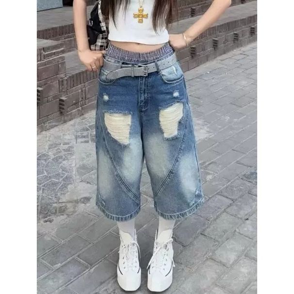 Summer Gradient Washed Vintage Denim Shorts High Street Design Wide-Leg Scimitar Pants Trendy Versatile Stretch_mkmklike.com