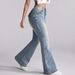 Women's Low Rise Flared Jeans European American Style Retro Washed Studded Pants Denim Casual High Waist Trousers_mkmklike.com