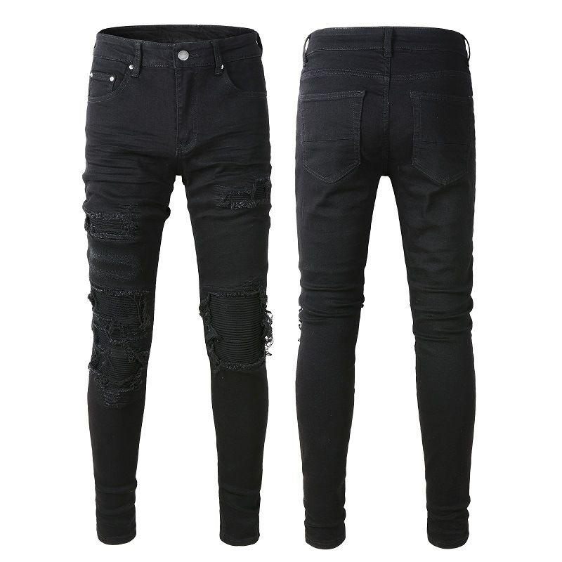 Men's Clothing Ripped Patch Stretch Slim Fashion High Street American Jeans Black Men's Pants 569_mkmklike.com