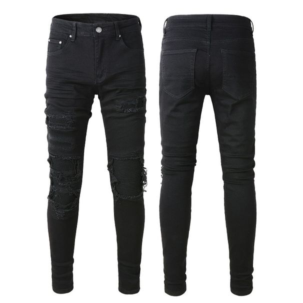 Men's Clothing Ripped Patch Stretch Slim Fashion High Street American Jeans Black Men's Pants 569_mkmklike.com