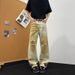 Men's Vintage Washed Jeans – Distressed Muddy Yellow High Street Baggy Pants (6 Sizes, No Stretch, Straight Cut For Streetwear & Grunge Looks)_mkmklike.com