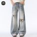 Men's Clothing Lightning Pattern Ripped Spring And Summer Design Straight Wide Leg Pants Jeans For Men_mkmklike.com