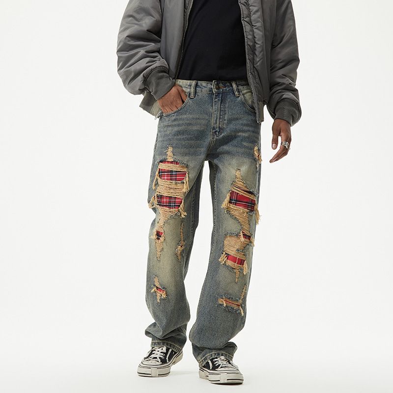 Men's Distressed Patchwork Relaxed Fit Straight Leg Jeans – Vintage American Streetwear Style With Washed & Faded Details_mkmklike.com