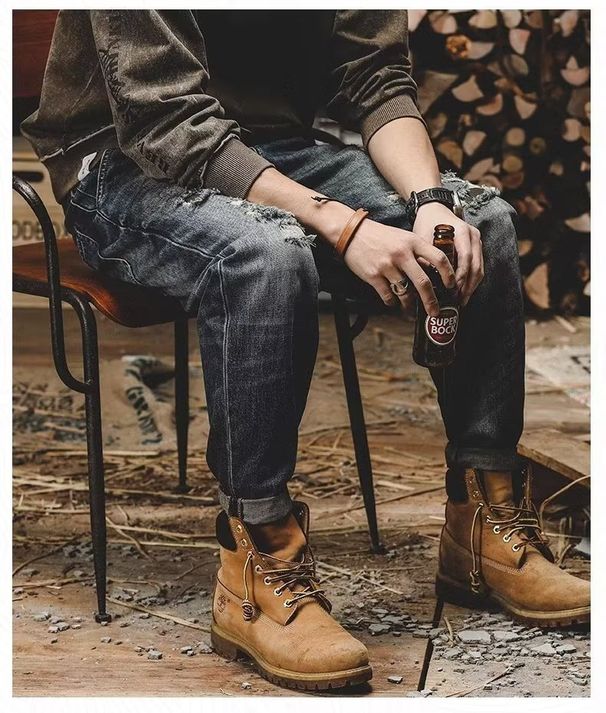 Men's Slim Fit Blue Distressed Jeans Stretch Denim Casual Straight Leg Pants with Ripped Details for Everyday Wear_mkmklike.com