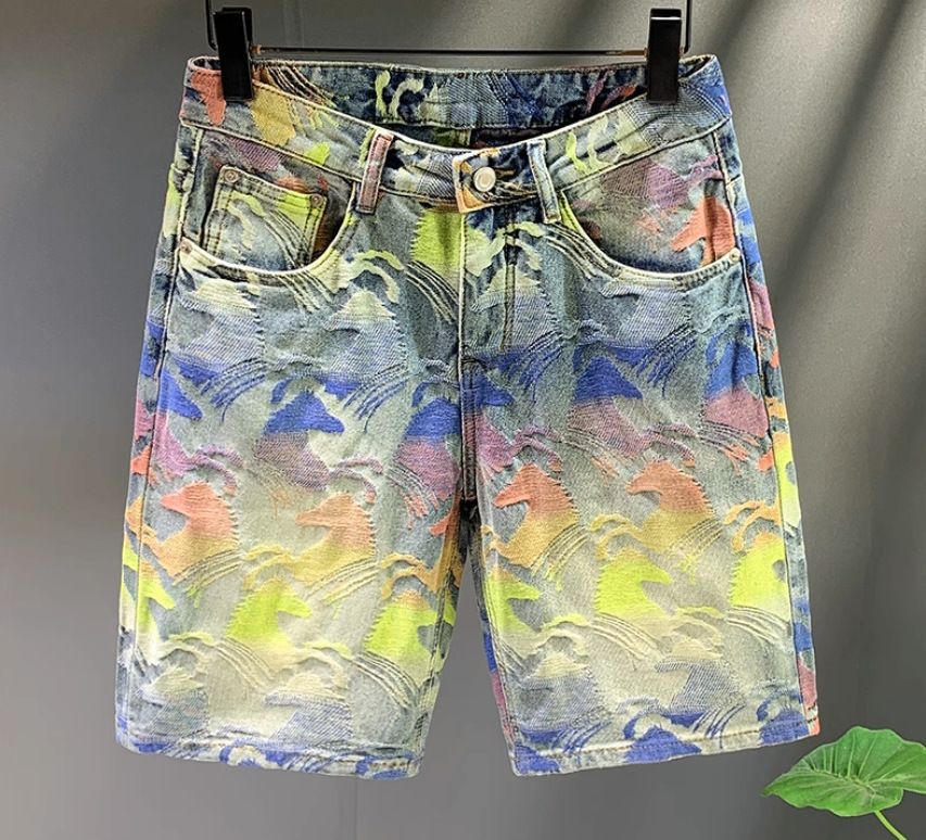 Men's American Streetwear 5 Inch Jacquard Denim Shorts Colorful Casual Cargo for Summer_mkmklike.com