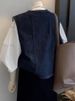 K Retro Layered Denim Vest For Women; Design-oriented, Niche, Fashionable, Slimming, Versatile Short Jacket. No Innerwear And Accessories_mkmklike.com