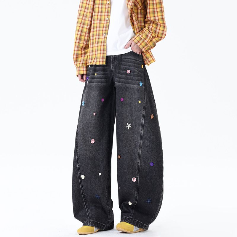 Vintage Love & Stars Embroidered Jeans – Distressed Washed, Relaxed Straight-Leg Denim With Unique Button Accents_mkmklike.com