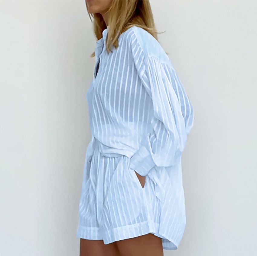 Women's Clothing temperament shirt jacquard striped puff sleeve shorts commuting design casual suit_mkmklike.com