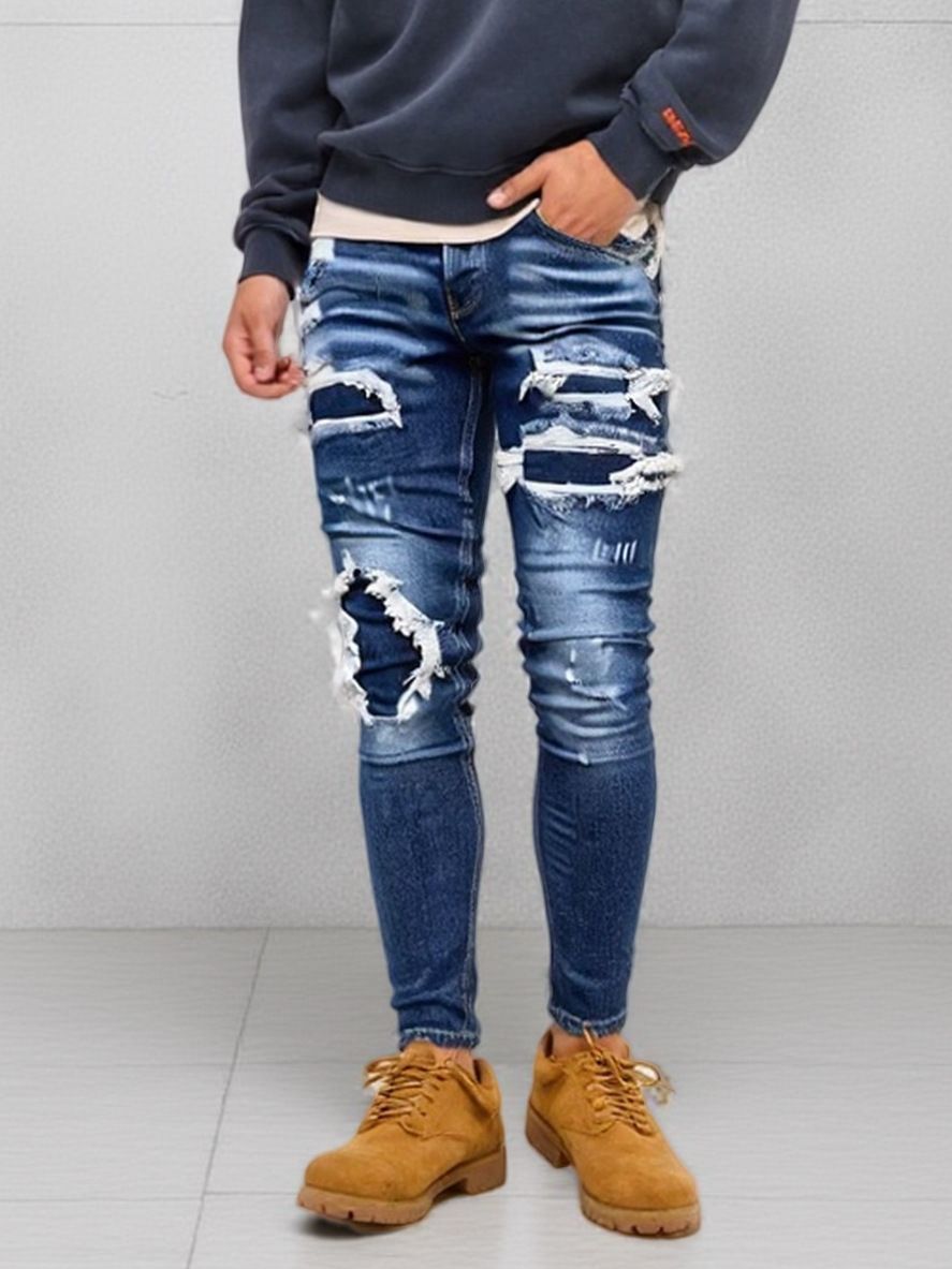 Men's Slim Fit Stretch Ripped Jeans With Cat Whisker Details - Distressed Denim Pants For Casual Wear (Blue)_mkmklike.com