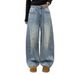 Starry Night Distressed Loose Wide-Leg High Waist Women's Jeans Rhinestone Embellishments Korean Style Pants_mkmklike.com