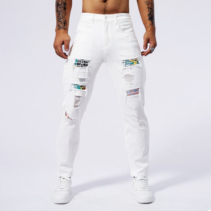 Men's Skinny Jeans White All Season European American Style Motorcycle Ripped Patch Slim Stretch Denim_mkmklike.com