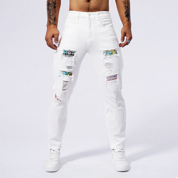Men's Skinny Jeans White All Season European American Style Motorcycle Ripped Patch Slim Stretch Denim_mkmklike.com