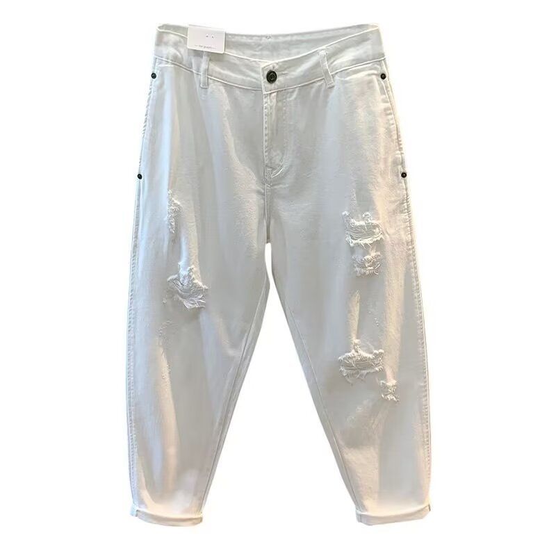 Vintage High Street Distressed Washed Straight Leg Jeans Men's Denim Pants with Knee Rips Comfortable Relaxed Fit Streetwear Trousers_mkmklike.com