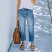 Women's Distressed Light Blue Cropped Straight Leg Denim Jeans Casual Cotton Fashion Comfortable Outerwear_mkmklike.com