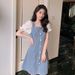 ELLE Square Neck Puff Sleeve Summer Thin Waist Slimming Petite Denim Short Dress_mkmklike.com
