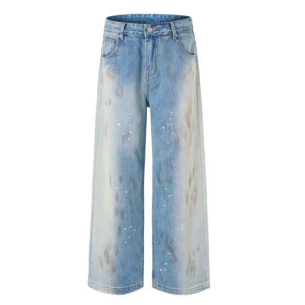 Splashed Ink Vintage Dirty Trendy Loose Straight Jeans For Men, American High Street Tie-Dye Gradient Wide-Leg Pants_mkmklike.com