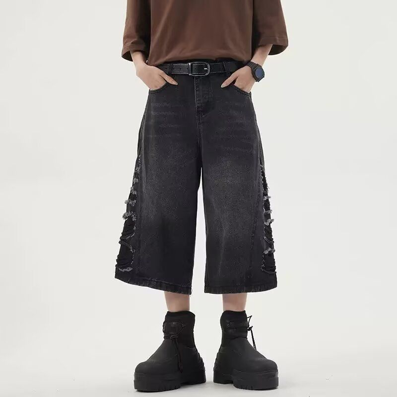 Retro Washed Denim Jeans Trendy Brand Casual Straight Leg Cropped Pants For Men Summer_mkmklike.com