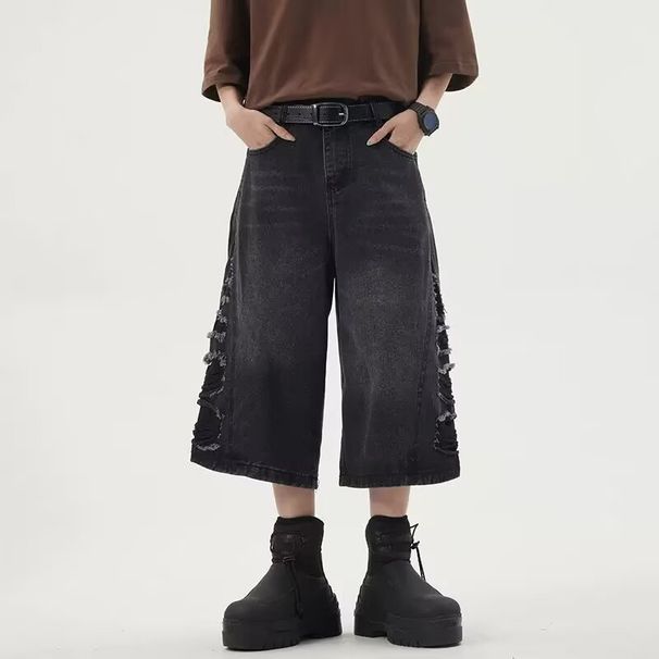 Retro Washed Denim Jeans Trendy Brand Casual Straight Leg Cropped Pants For Men Summer_mkmklike.com