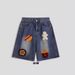 American Street Old Creative French Fries Hot Dog Towel Embroidered Denim Shorts Men's And Women's Trendy High Street Straight Five-point Pants_mkmklike.com