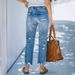 Women's Distressed Light Blue Cropped Straight Leg Denim Jeans Casual Cotton Fashion Comfortable Outerwear_mkmklike.com
